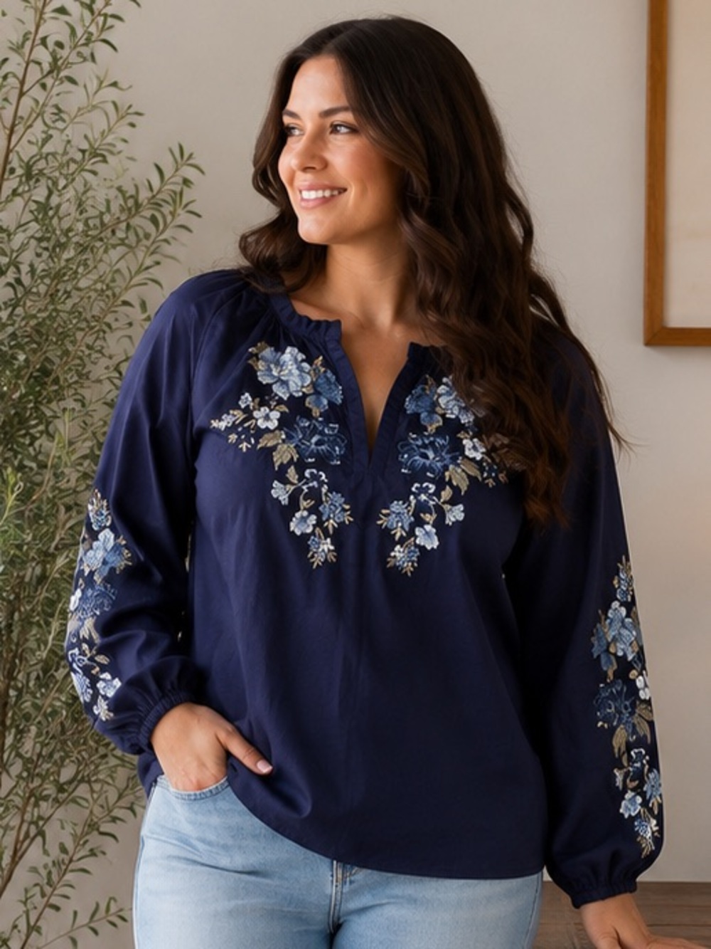 Driftwood Navy Blue Floral Embroidered Peasant Cotton Blouse Plus Size 1X